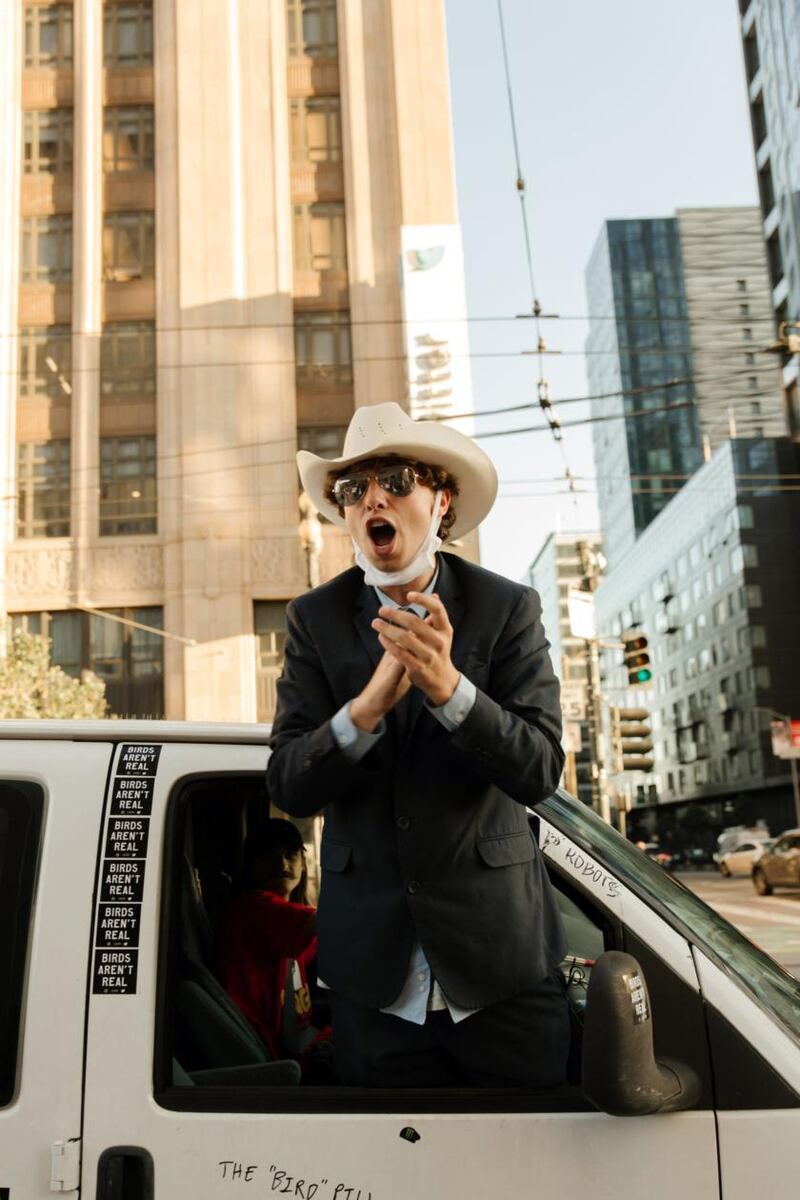Last month, Birds Aren’t Real adherents protested outside Twitter’s headquarters in San Francisco to demand that the company change its bird logo. Photograph: Madeline Houston/The New York Times