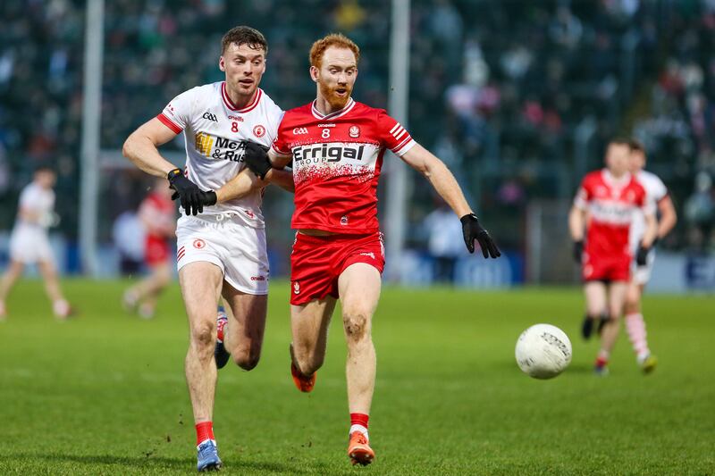 Derry's Conor Glass in action against Tyrone's Brian Kennedy. Photograph: Lorcan Doherty/Inpho
