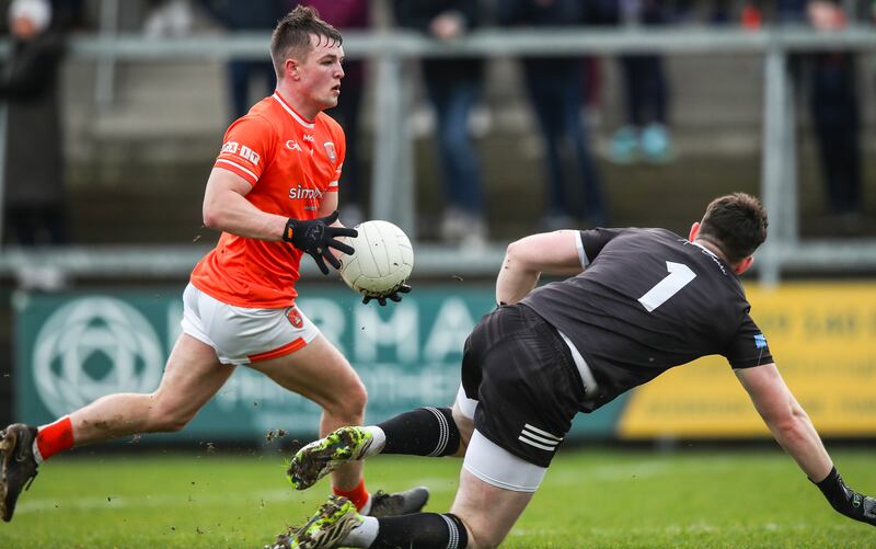 Armagh's Peter McGrane scores a goal against Cavan at the BOX-IT Athletic Grounds, Armagh. The corner back has enjoyed a promising campaign. Photograph: Leah Scholes/Inpho 