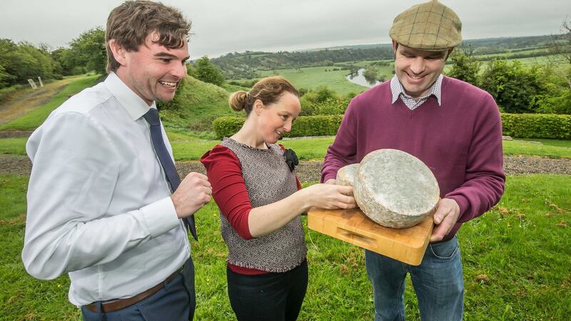 James Cooney of Boann Distillery,  Olivia Duff of the Boyne Valley Food Series, and Michael Finnegan with his Boyne Valley Blue cheese