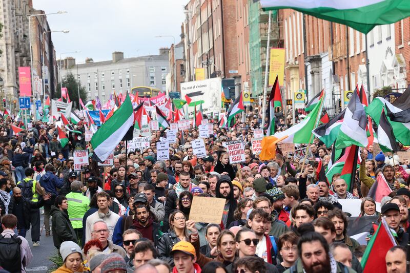 People take part in a protest against the conflict in Gaza on Saturday in Dublin. Photograph: Dara Mac Dónaill/The Irish Times