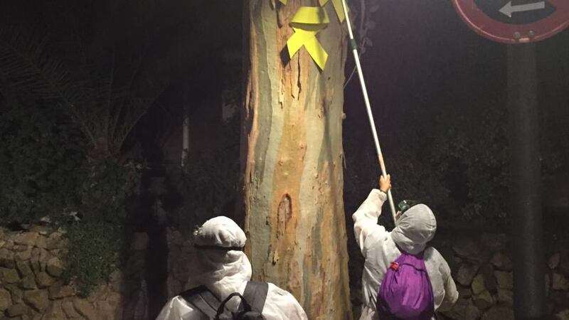 Unionist activists  in Canet de Mar:  “The streets have to be a neutral space. We think [those in jail] are not political prisoners – we think they committed a coup d’état.” Photograph: Guy Hedgecoe