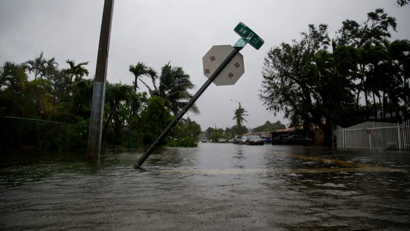A stop sign leans over floodwaters during Hurricane Irma in Miami. Photograph: Eric Thayer/The New York Times.