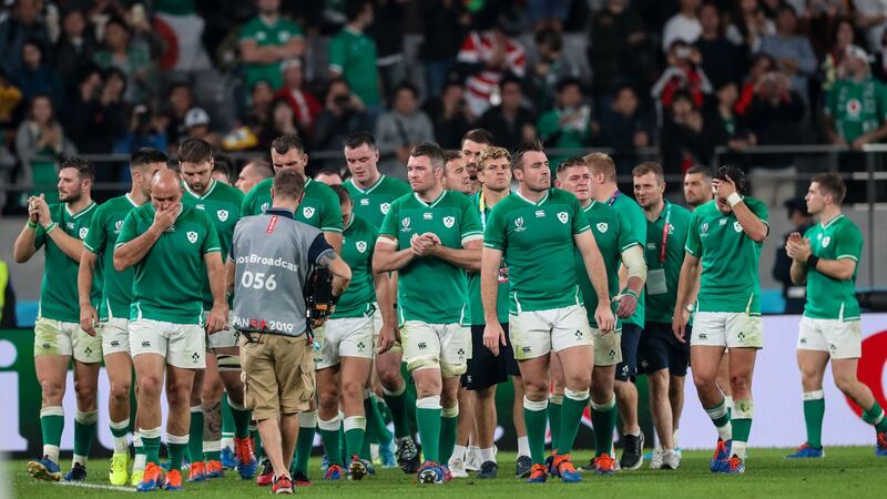 Ireland players dejected following the crushing 46-14 defeat to New Zealand in the 2019 World Cup quarter-final in Tokyo. Photograph: Billy Stickland/Inpho