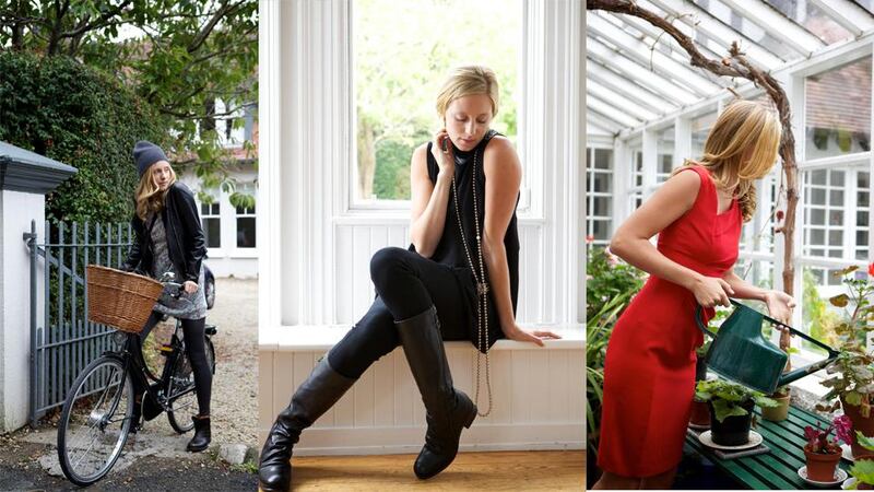 (L-R) 1. Silk floral dress €292 by Hartford, black leather biker jacket €1095 by Joseph, anthracite grey leggings €34 by Wolford, wool/cashmere hat €102 by Hartford, brown leather boots €380 by Fiorentini & Baker. 2. Wool tunic €310 by Hache, black leggings by Goldsign €236, black riding boots €452 by Fiorentini & Baker, taupe pearl necklance by Melissa Curry€ 280. 3. Crepe stretch red dress €433 by Joseph, Marie Laure Chamorel necklace €270.