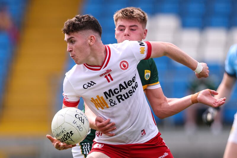 Tyrone's Eoin McElholm with Kerry's Daniel Kirby. Photograph: Ben Brady/Inpho