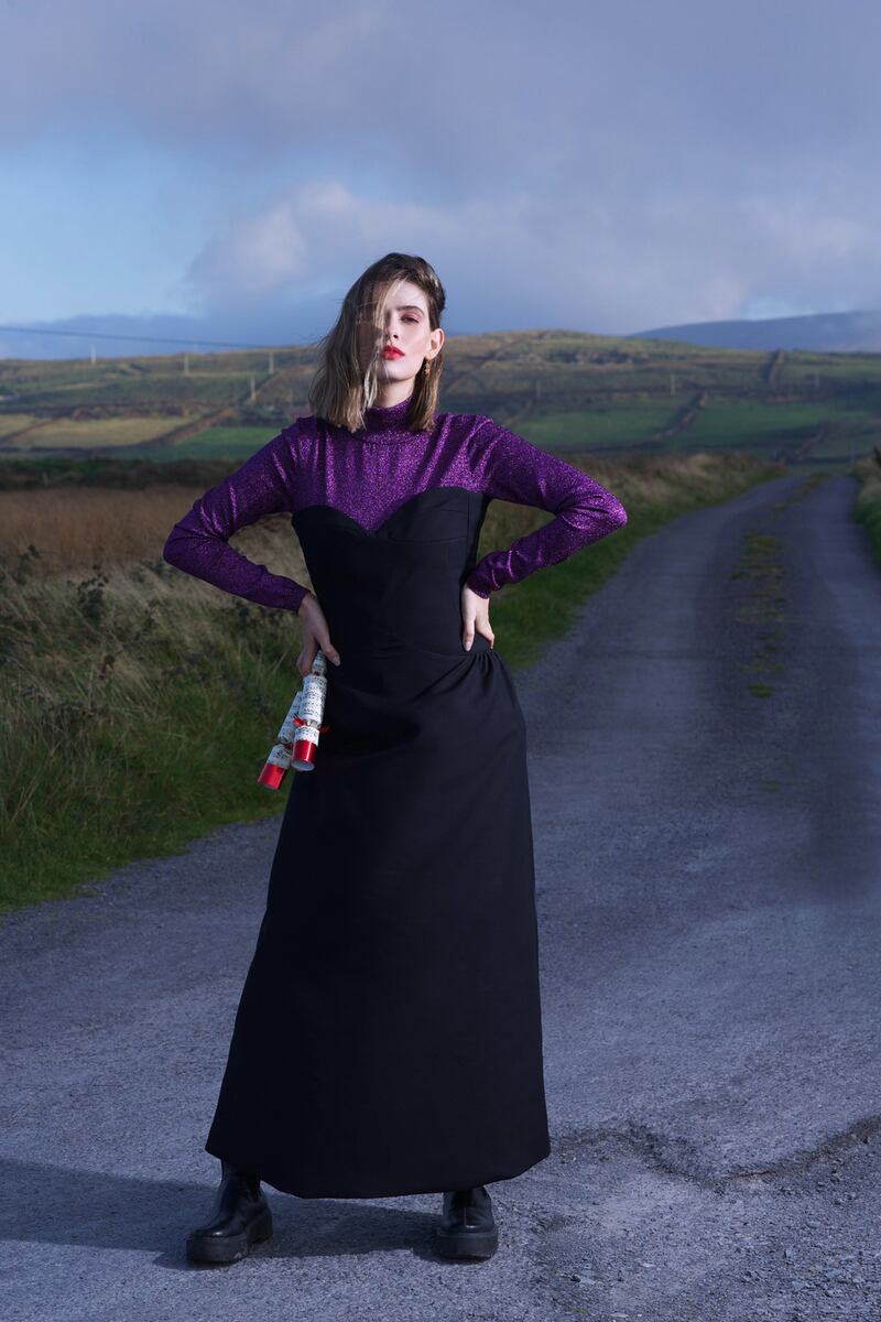 top Stells Mc Cartney €625 , dress €1,380 Khaite at Brown Thomas , boots Mango as before