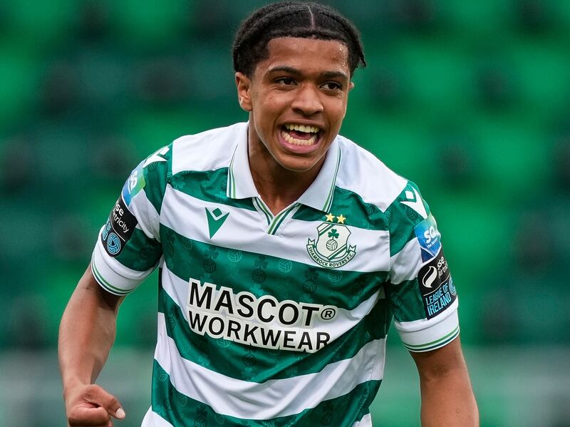 Victor Ozhianvuna of Shamrock Rovers celebrates scoring a goal. Photograph: James Lawlor/Inpho