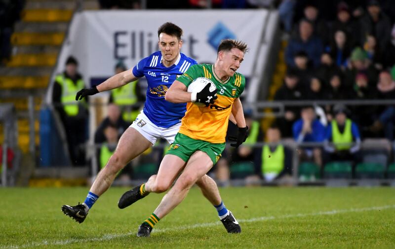 Ciaran Thompson of Donegal and Gerard Smith of Cavan. Photograph: Andrew Paton/Inpho
