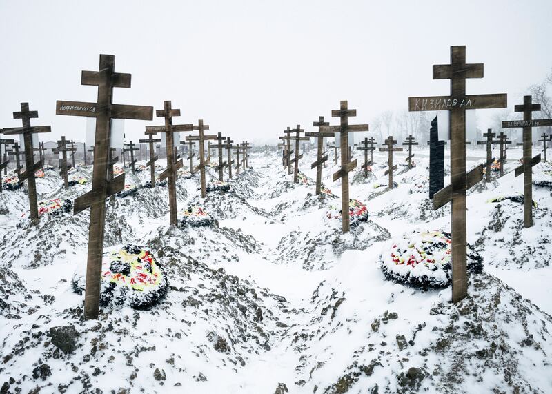 Graves of Wagner soldiers on the outskirts of Bakinskaya village, in the Krasnodar region of Russia, in February. Photograph: Nanna Heitmann/The New York Times                      
