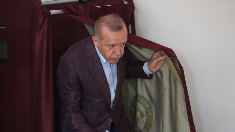 Turkish president Recep Tayyip Erdogan during voting in the Istanbul mayoral election re-run on Sunday. Photograph:  Erdem Sahin/EPA