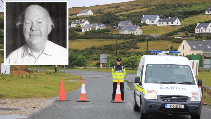 The scene at Dugort, Achill, where 82-year-old Roger Grainger (inset) died when his car left the road amid flooding