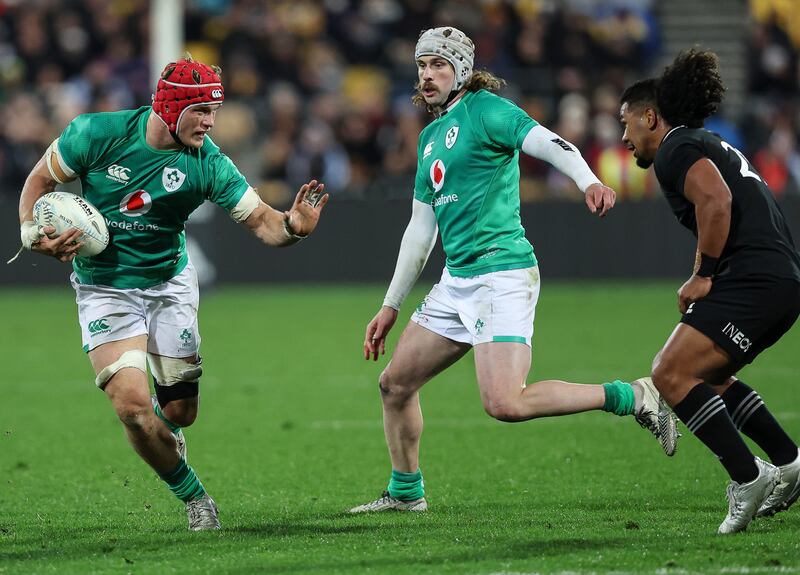 Ireland’s Josh van der Flier and Mack Hansen against New Zealand. Photograph: Grant Down/Inpho