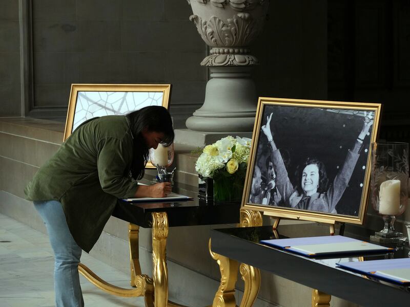 The condolence book for Dianne Feinstein at San Francisco City Hall: As chair of the Senate Intelligence Committee, she led the fight in 2014 to release the classified report on US torture in Iraq, Afghanistan and Guantánamo. Photograph: Jim Wilson/New York Times
                      