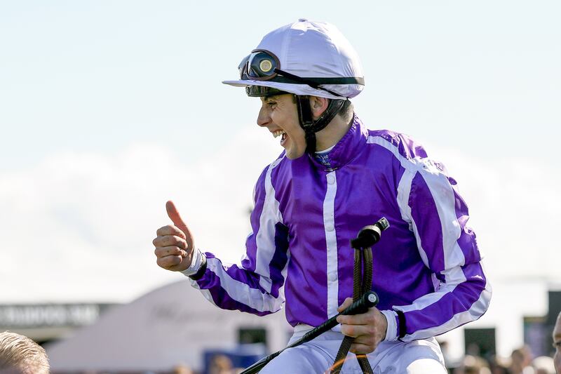 Ronan Whelan onboard Precise celebrates winning the Moyglare Stud Stakes at the Curragh Racecourse. Photograph: Laszlo Geczo/Inpho