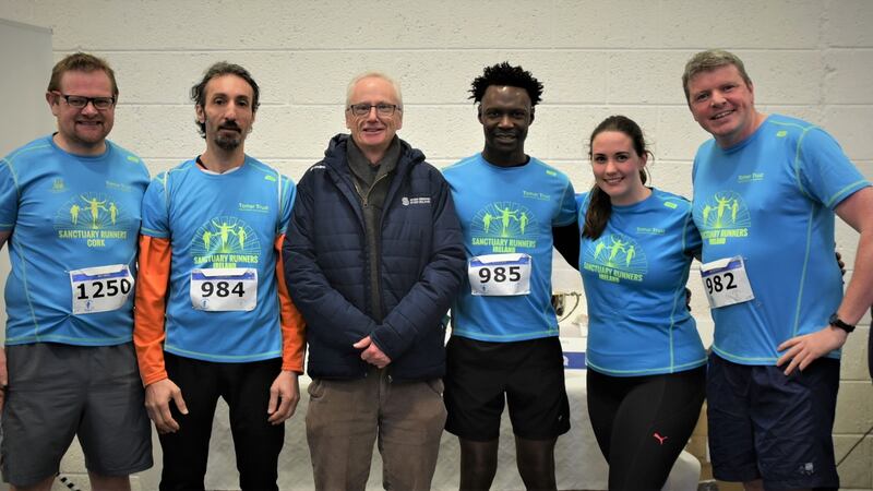 From left: Joe Barrow, Rahali Oukacha, John Treacy, Blaise Managa, Ciara Fitzgibbon, Graham Clifford at the John Treacy 10-mile road race in Dungarvan. Photograph: James Veale