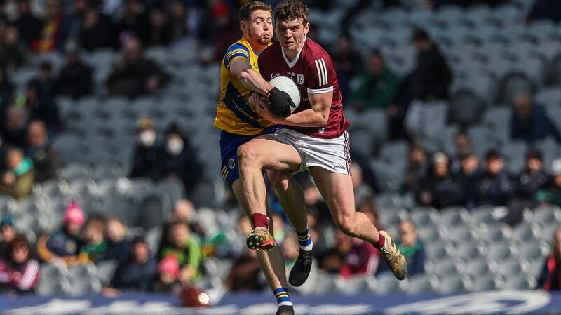 Roscommon’s Eddie Nolan competes with Galway’s  John Daly during the  Allianz Football League Division Two Final at  Croke Park. Photograph: Evan Treacy/Inpho
