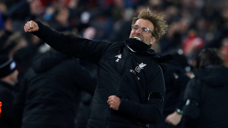 Liverpool manager Jürgen Klopp celebrates a goal during the Premier League game against Manchester   City at Anfield. Photograph:  Phil Noble/Reuters