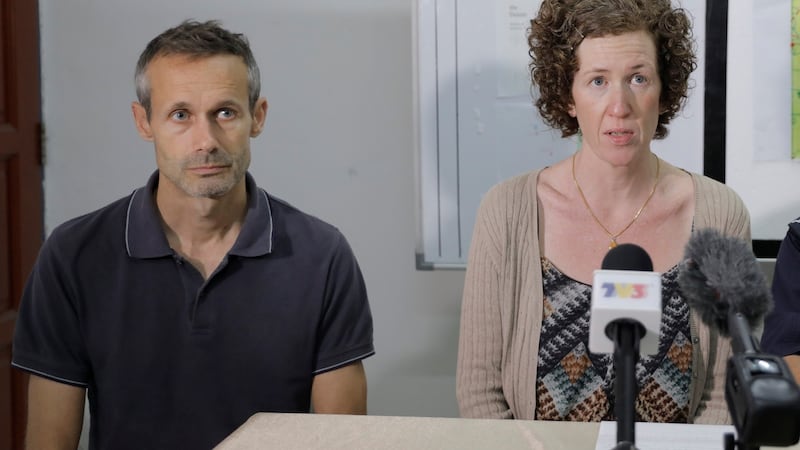 Sebastien Quoirin, and Meabh Quoirin, parents of 15-year-old Irish girl Nora Anne Quoirin who went missing, speak during a news conference in Seremban, Malaysia. Photograph: Royal Malaysia Police/Handout via Reuters