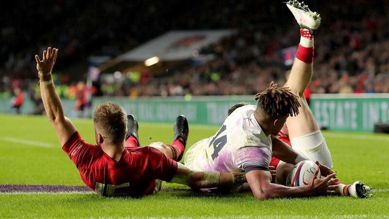 Gareth Anscombe’s try which never was at Twickenham. Photograph: Gareth Fuller/PA