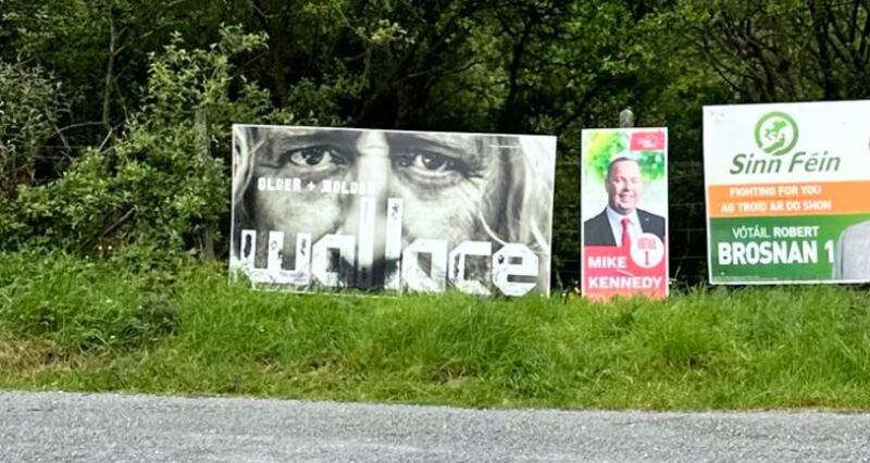 Roadside campaign banner, with the slogan 'Older + Bolder', for Independent MEP Mick Wallace in the Ireland South constituency. Photograph: Ben Farr/X