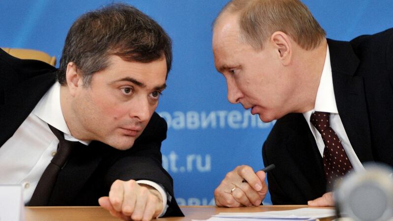Vladislav Surkov and then Russian prime minister Vladimir Putin in 2012: “When the change happened, it was absolutely clear to me that the personality of the new leader provided an opportunity.”  Photograph: Alexei Nikolsky/AFP via Getty Images