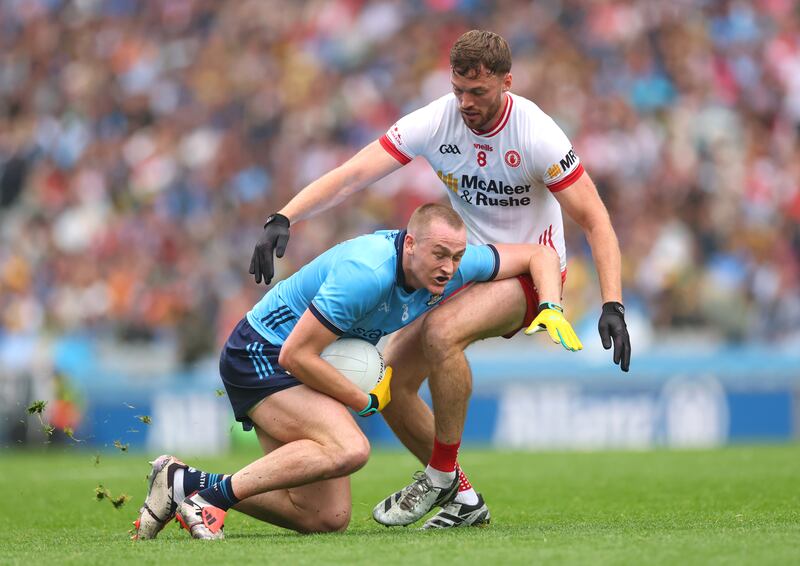 Brian Kennedy and Peadar Ó Cofaigh Byrne during this year's Tyrone v Dublin quarter-final. Photograph: James Crombie/Inpho