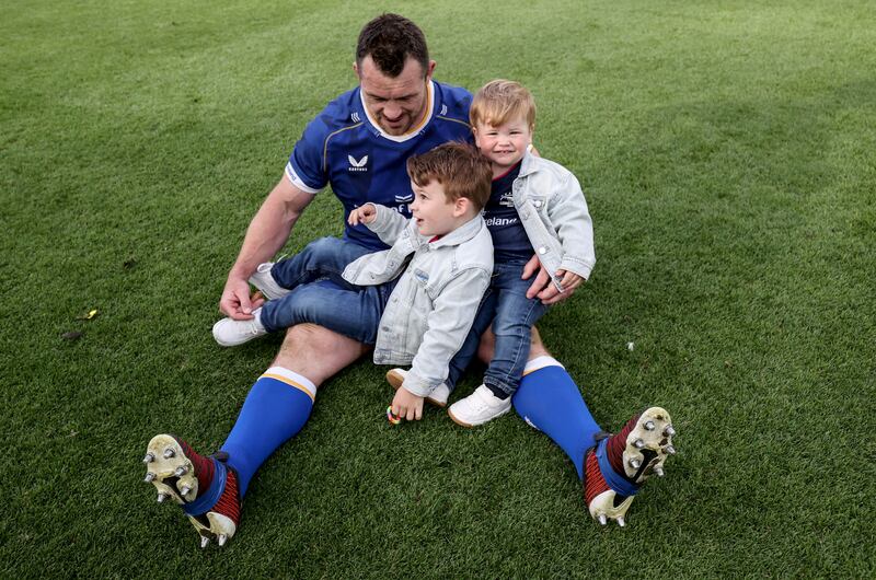 Leinster's Cian Healy with his sons Beau and Russell after a URC game against Ulster in June 2024. Photograph: Dan Sheridan/Inpho