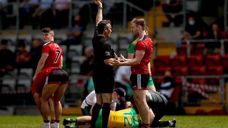 Gerard McGovern is shown a red card during Down’s defeat to Donegal. Photograph: Tommy Dickson/Inpho