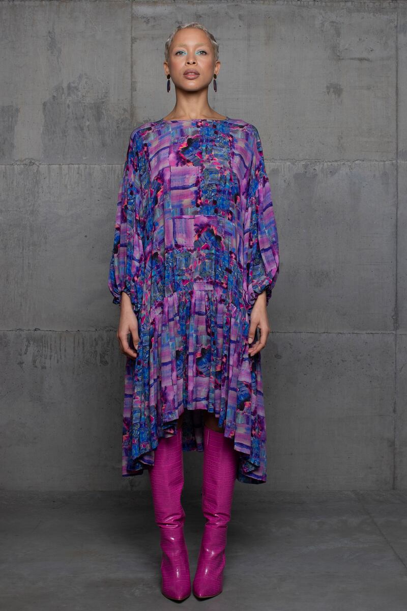 La dress in purple wave print for €895 in silk crepe