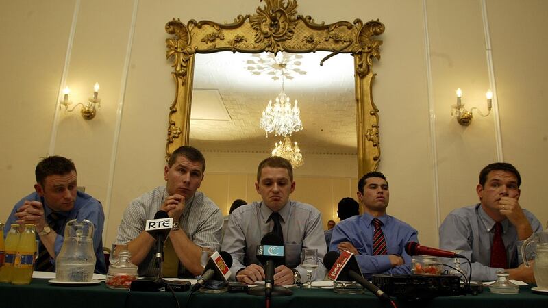 Fergal Browne, Diarmuid O’Sullivan, Joe Deane, Seán Óg Ó hAilpín and Alan Browne at the announcement of the Cork hurlers strike in November 2002. Photograph: Patrick Bolger/Inpho
