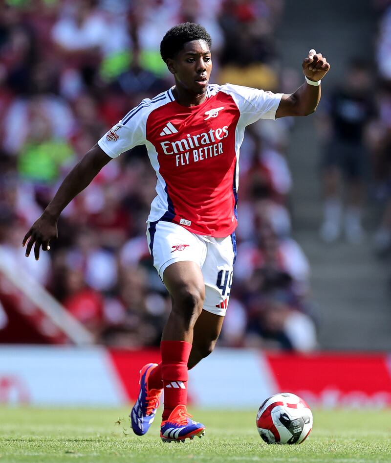 Myles Lewis-Skelly in action for Arsenal during a pre-season friendly against Olympique Lyonnais at the Emirates Stadium. Photograph: David Rogers/Getty