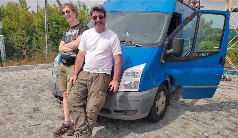 Finbar Cafferkey delivering aid in Ukraine. Photograph courtesy of Sergey Movchan/Solidarity Collectives