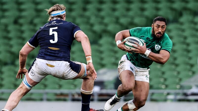 Ireland’s Bundee Aki in action against Scotland at the Autumn Nations Cup in the Aviva Stadium on December 5th, 2020. Photograph: Dan Sheridan/Inpho