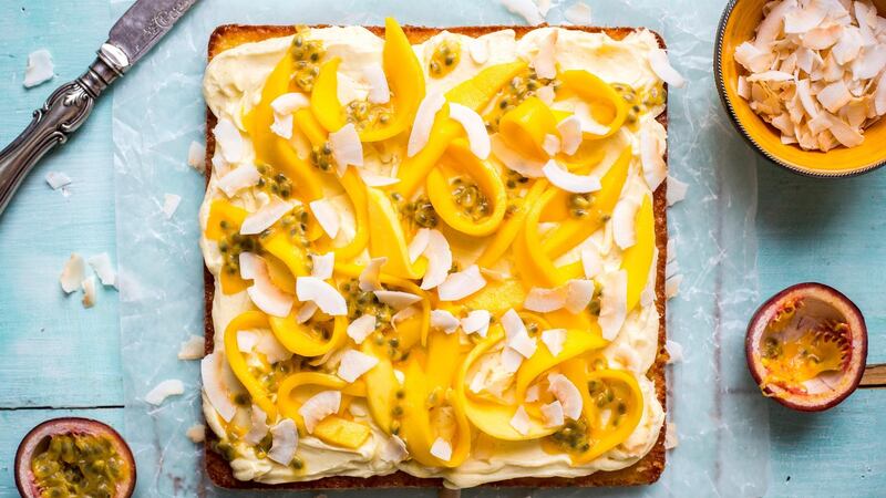 Coconut, mango & passionfruit slice cake