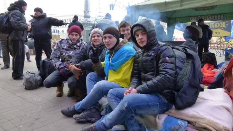 Young protesters from western Ukraine on Kiev’s Independence Square. From left, Yaroslav Dishuk, Yura Bilyarski, Michael Danysko, Andrei Andruseikin, Oleg Voitko. Photograph: Daniel McLaughlin