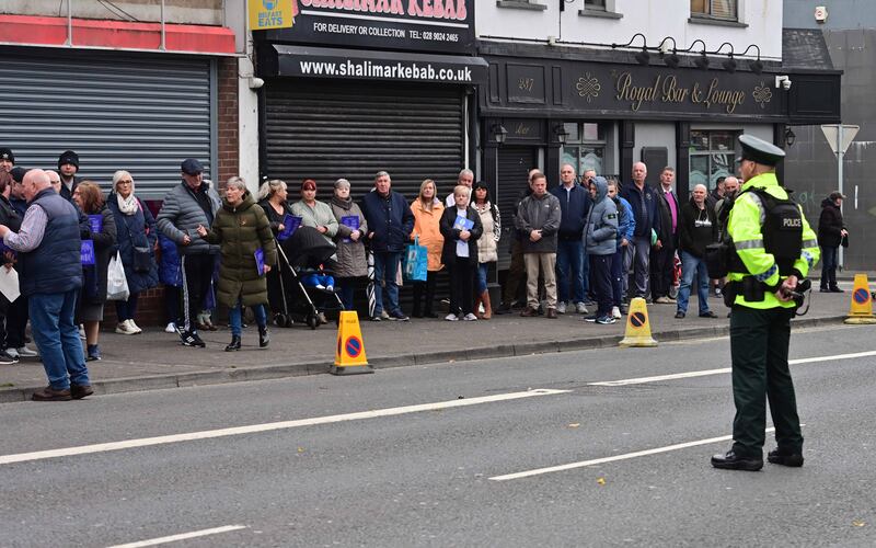 A crowd gathers at the unveiling of a new memorial to the victims of the Shankill Road bombing on the 30th anniversary of the blast. Photograph: Colm Lenaghan/Pacemaker