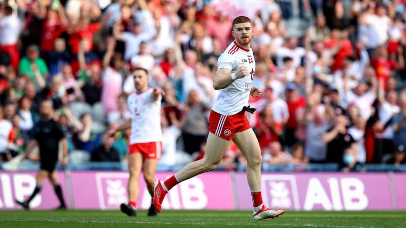 Cathal McShane celebrates scoring Tyrone’s first goal of the game. Photo: Ryan Byrne/Inpho