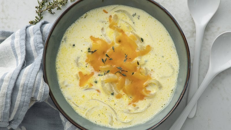 Cream of white onion, cheddar and apple soup.