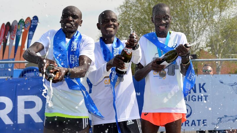 2017 Belfast City Marathon: Dan Tanui (second place), Bernard Riotoch (winner) and Emauel Kiprotich Melly (third).