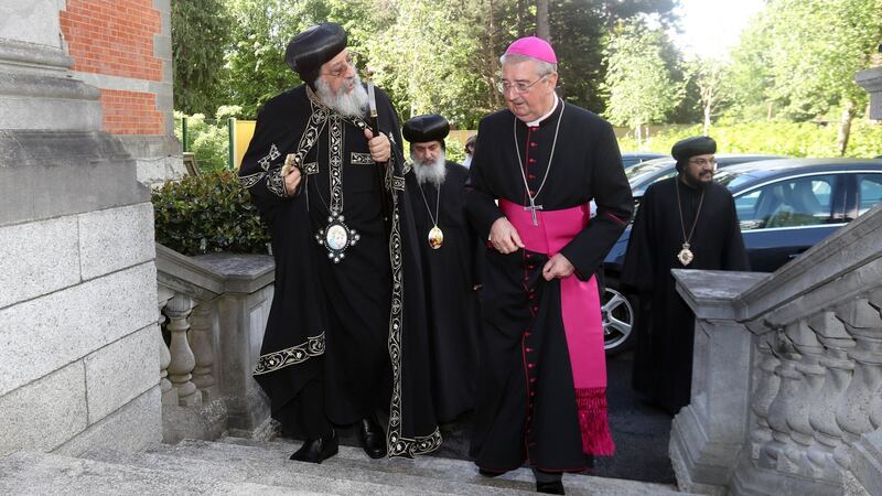 Archbishop of Dublin Diarmuid Martin welcomes Pope Tawadros II, head of the Coptic Church, in Dublin. Photograph: Niall Carson/PA Wire