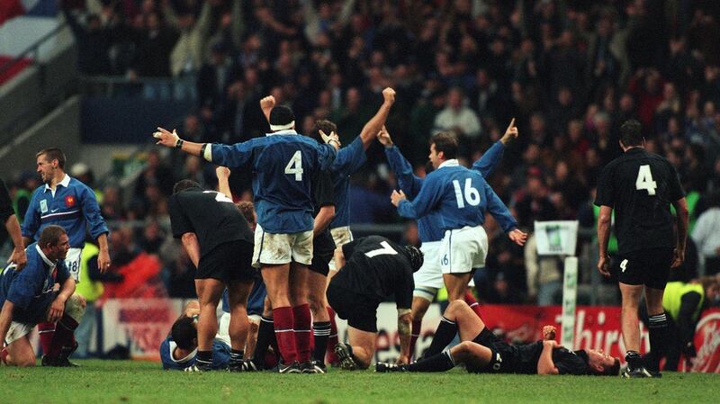 France celebrate their famous semi-final victory over New Zealand in 1999. Photograph: Patrick Bolger/Inpho