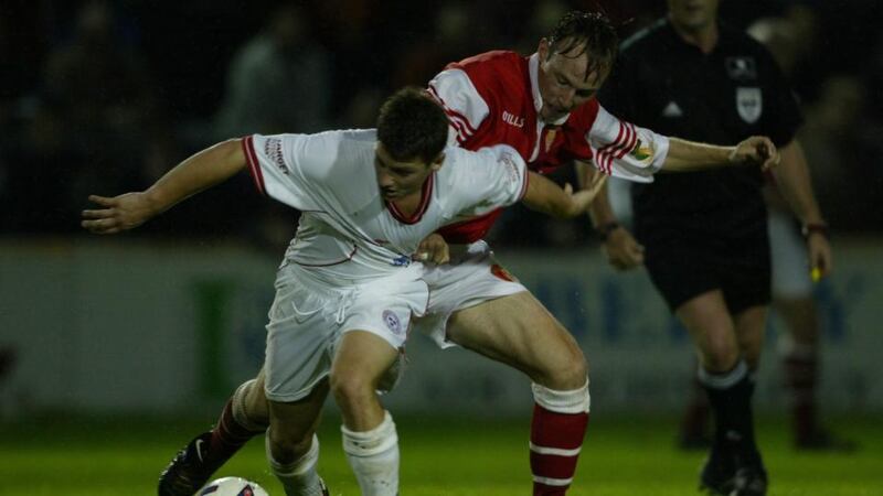 Shelbourne’s Wes Hoolahan gets the better of Paul Marney of St Patrick’s Athletic during a league tie at Richmond Park in October 2002. Photo: Andrew Paton/Inpho