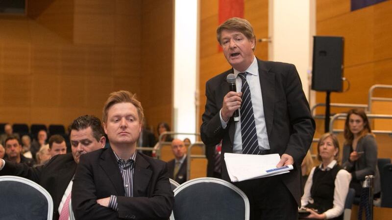 Blake O’Donnell (left) and his father Brian O’Donnell during Bank of Ireland’s agm at O’Reilly Hall UCD on April 29th. Photograph: Gareth Chaney Collins