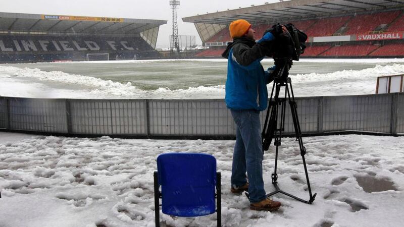 The snow covered pitch at the Windsor Park stadium in Belfast, where the World Cup qualifier between Northern Ireland and Russia this evening. Photograph: Cathal McNaughton/Reuters