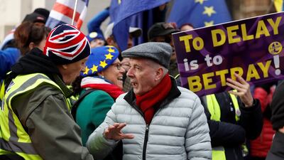 Win any (pub) argument with our Brexicon. These pro- and anti-Brexit protesters outside the British parliament have definitely read it. File photograph: Peter Nicholls/Reuters