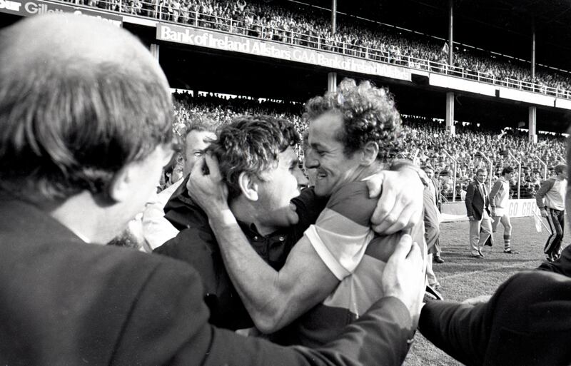 Kerry manager Mick O'Dwyer celebrates with midfielder Jack O'Shea after the 1984 All-Ireland final. Photograph: Billy Stickland/Inpho