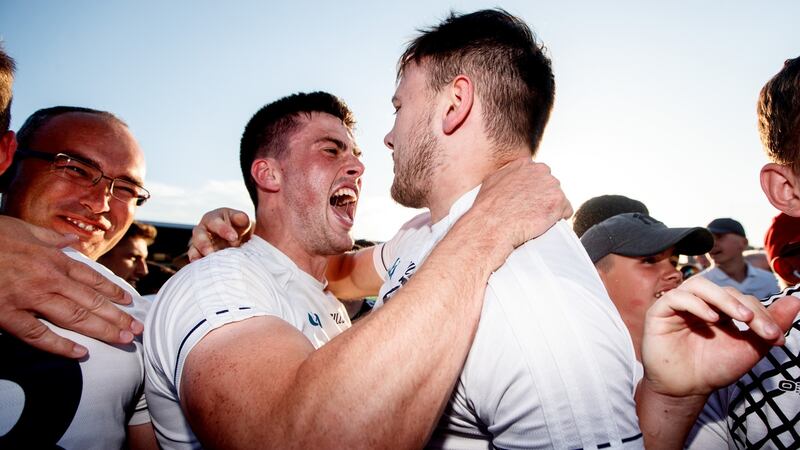 Kildare’s Mick O’Grady and Pascall Connell celebrate after the 2018 All-Ireland SFC qualifier win over Mayo at St Conleth’s Park in Newbridge. Photograph:  James Crombie/Inpho