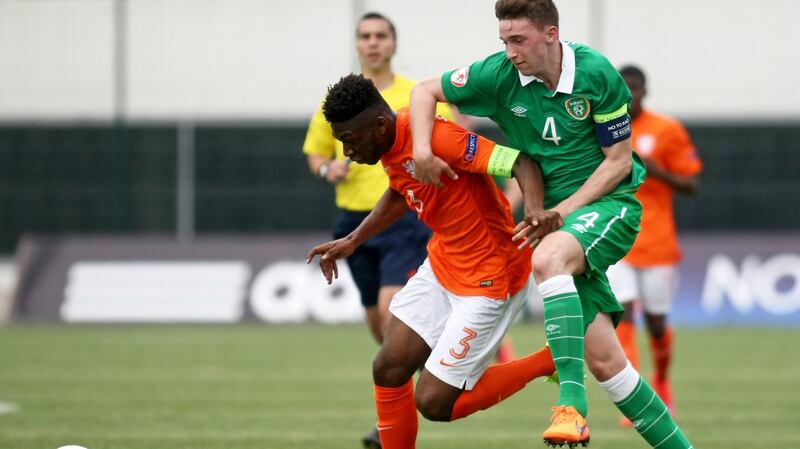 The Republic of Ireland’s Conor Masterson challenges Timothy Fosu-Mensah of the Netherlands at the 2015 European Under-17 Championship in Bulgaria. File photograph: Georgi Dimitrov/Inpho