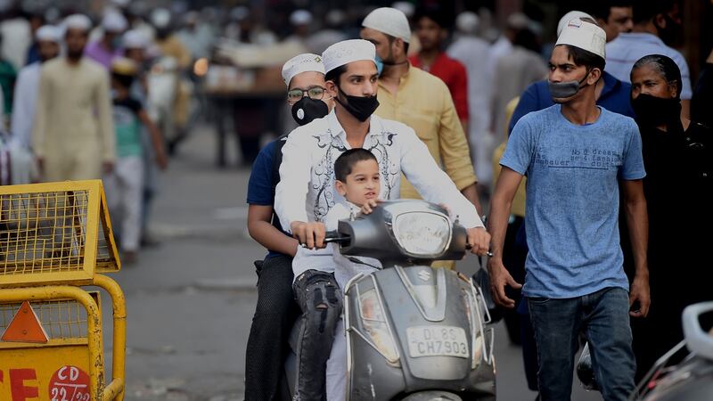 People in New Delhi gather at a market on the last Friday of Ramadan after the government eased restrictions. Photograph: Money Sharma/AFP via Getty Images